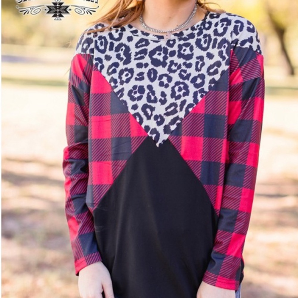 CRAZY TRAIN LEOPARD AND BUFFALO PLAID TRIANGLE TOP